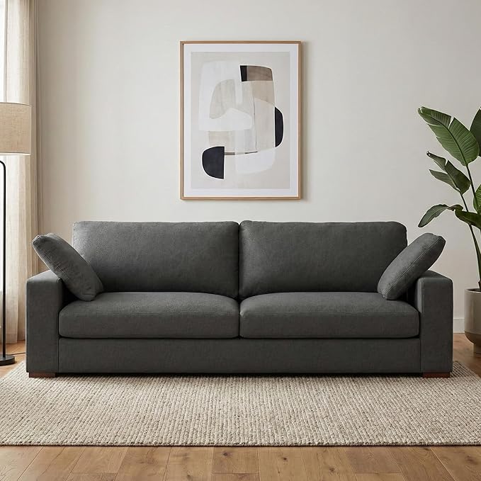 SIMPLIHOME Charlie Sofa in 100% Recycled Polyester Tightly Woven Performance Fabric, Pebble Grey, 96-inches Wide, Handcrafted Contemporary Style Sofa for Living Room or Couch for Family Room