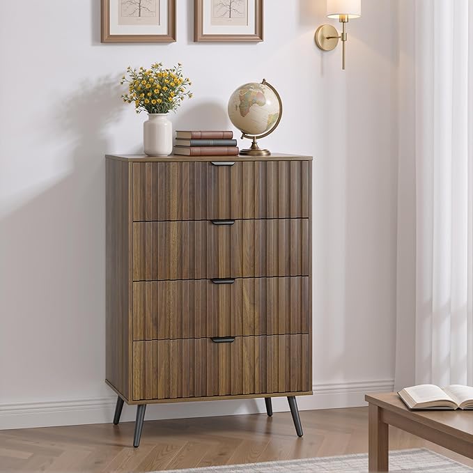 4 Drawer Dresser for Bedroom, Tall Fluted Dresser with Metal Feet, Wooden Storage Organizer Cabinet Chest of Drawer for Closet, Living Room, Hallway,Walnut