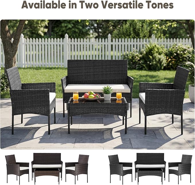 DUMOS 4 Piece Patio Furniture Set, All-Weather Outdoor Wicker Conversation Set with Removable Cushions & Tempered Glass Coffee Table, for Porch, Balcony, Lawn, Backyard, Black