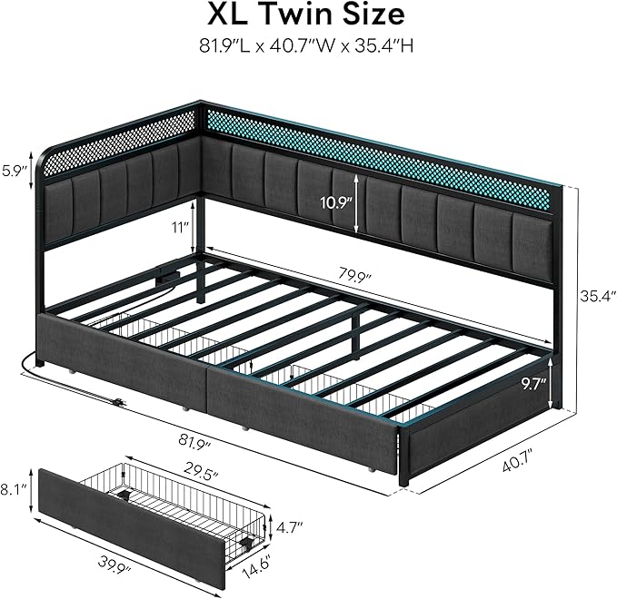 LIKIMIO Twin XL Corner Bed Frame with Storage Drawers and Charging Station, Modern Twin XL Daybed with LED Lights and Upholstered Guardrail, Gray