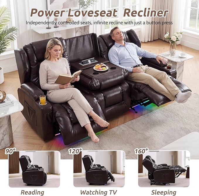 SAMERY Power Loveseat Recliner Sofa, Wall Hugger Reclining Loveseat Sofa, Movie Home Theater Seating with Flip-Backrest, Solid Wood Top, Ambient LED Lights, USB-C, Outlets, Faux Leather, Brown | Extra Wide Seat, Plush Padding, Dual Power Recline, Flip-...