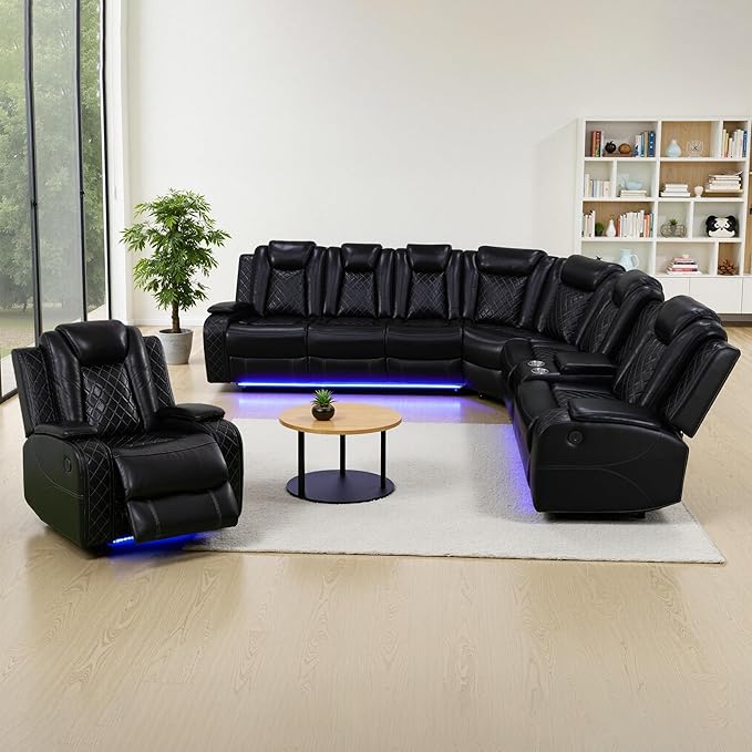 Power Recliner Sofa Set with LED, Breathing Leather Sectional Couch for Living Room, Living Room Furniture Set L Shaped Reclining Couch and Chair with Cup Holders&Storage (Black)