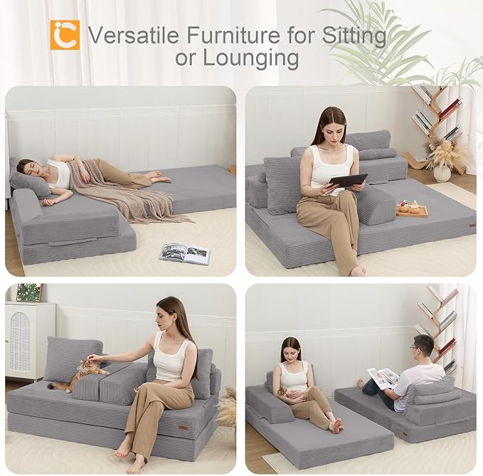 COMAX Futon Sofa Bed, Convertible Folding Sofa Bed, Boneless Couch Loveseat Corduroy with Pillows, Small Foldable Floor Couch Comfy Lounge Sleeper for Living Room Bedroom, Light Grey