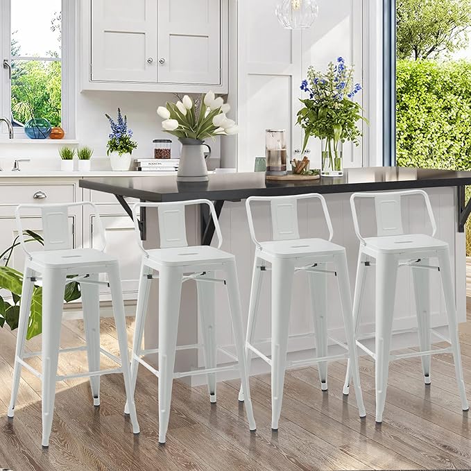 Tongli Metal Bar Stools Set of 4 Barstools Counter Height Bar Stools with Back Industrial Bar Stool Indoor Counter Stool Kitchen Island Stools Modern Bar Chair 24 inch White Cream