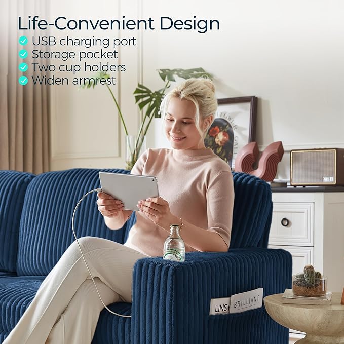 LINSY HOME Sectional Sleeper Sofa with Pull Out Couch Bed Convertible Plush Corduroy Cloud Couch with Storage Chaise & USB Charging, Comfy L Shaped Modular Couches for Living Room Apartment (Blue) | Pull Out Sofa Bed, Storage, USB Charging, Cup Holders...