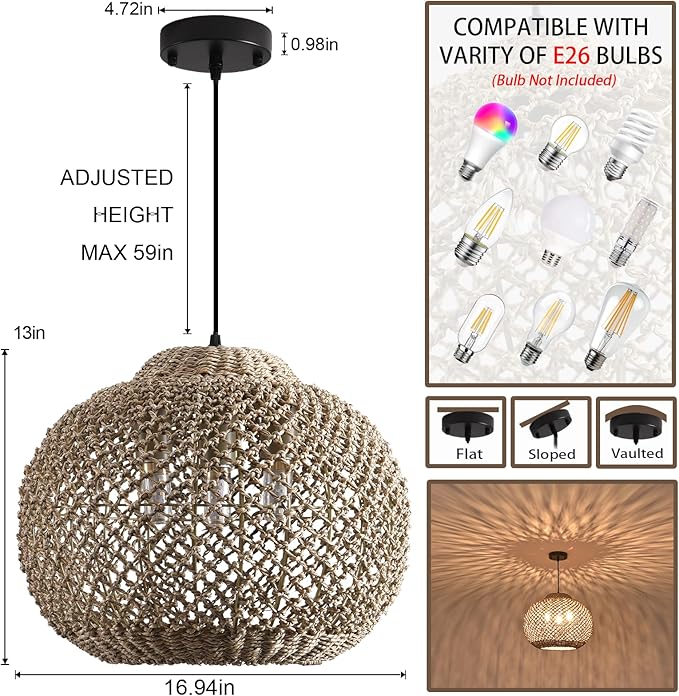 16.94" Rattan Pendant Light Fixture, 3-Light Woven Wicker Seagrass Hanging Lighting Boho Coasta Rattan Chandelier of Kitchen Island Farmhouse Dining Room Entryway Foyer