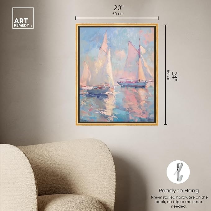 Art Remedy Set Sail Framed Sailing 1 Piece Canvas Wall Art, 21.5" x 25.5", Gold Frame