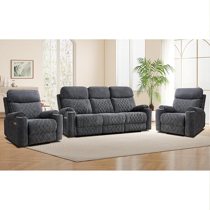 EBELLO Power Reclining Sofa Set, 2 Fabric Electric Recliner Chair and 3 Seater Sofa Couch with Cup Holders, USB Type-C Charging Ports, 5 Seats for Small Living Room, and Meeting Room, Grey