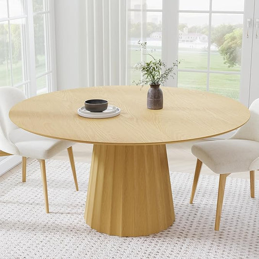 Casaphoria 60" Round Dining Table, Modern Wood Kitchen Table with Cone Shaped Strip Concave Base for Living Room & Dining Room, Easy Assembly Farmhouse Furniture for 4-6, Oak