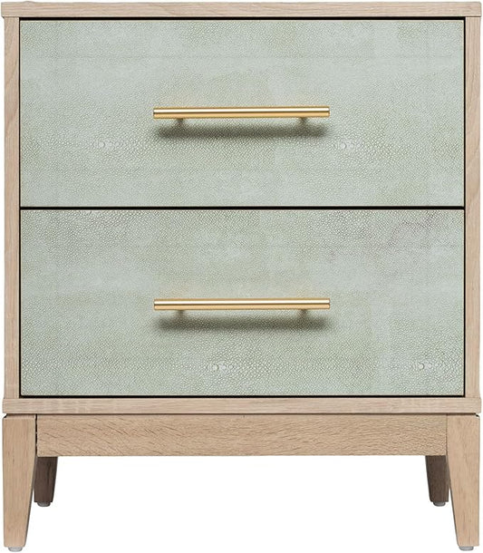 SANGO Shagreen 2-Drawer Nightstand, Modern Natural Wood Bedside Table with Gray Faux Shagreen Drawer Fronts, Brass Handles, Sturdy Legs, Elegant Storage for Contemporary & Luxury Homes