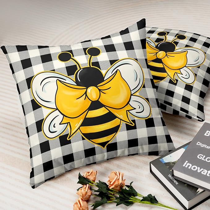 Cute Honey Bee Throw Pillows Case 24x24 Pack of 2 Buffalo Plaid Pillow Cover Spring Summer Pillows for Couch Cotton Blend Soft Touch Home Decor for Living Room Sofa