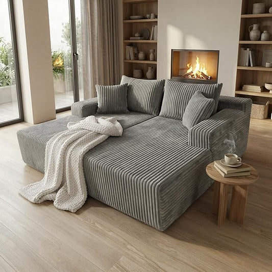 SYTOPIA Loveseat Chaise Lounge with Armrests, Oversized Sofa Bed with 4 Pillows, Cozy Boneless Sleeper, Modular Sectional Couch for Living Room Bedroom, Floor Chair Furniture sala Corduroy, Urban Grey