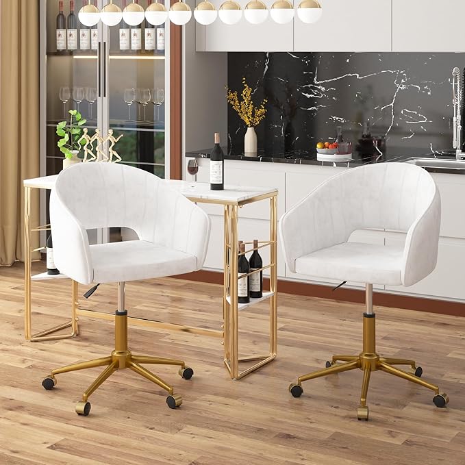 VECELO Velvet Accent Chair, Adjustable Luxury Vanity & Dining Chair with Gold Rolling Base, 360°Swivel Upholstered Armchair for Living Room, Bedroom, Home Office, Pearl White