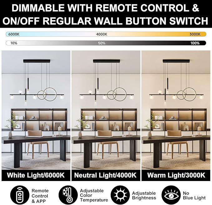 Modern LED Pendant Lights, Dimmable 47in Linear LED Chandelier Lighting, Upgraded Black & Gold Dining Room Hanging Light Fixtures Kitchen Island Globe Pendant Light for Dining Table (4200lm)
