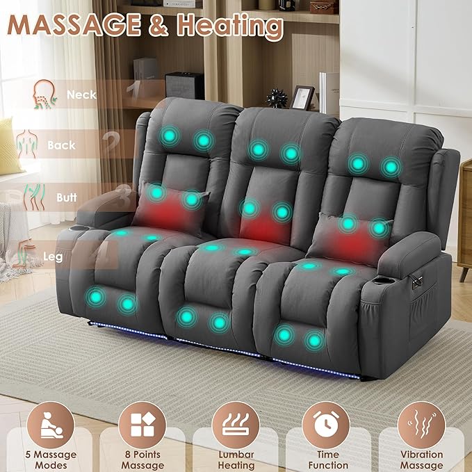 TUNYI Wall Hugger Loveseat Recliner Sofa with Console, Power Reclining Loveseat RV Couch with Massage & Heat/USB/Outlet/Storage/LED Light (Grey, 3 Seat)