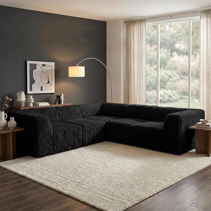 Furniture of America Havyn Modern Faux Fur 5-Seater L-Shaped Modular Foam Sectional Sofa, Compressed Couch in a Box, No Assembly Required, for Living Room and Office, Black