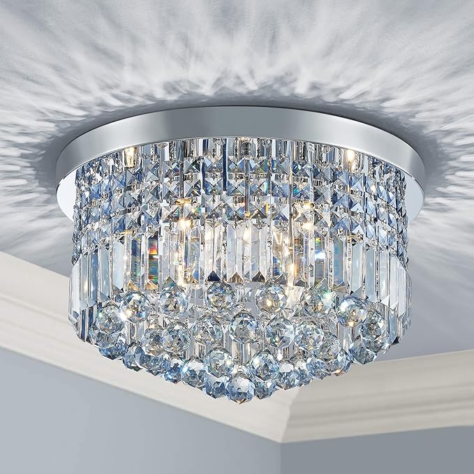 Saint Mossi 9 Light Modern K9 Crystal Chandelier Lighting, Flush Mount, Perfect for Dining Room, Bathroom, Bedroom, E12 Bulb Base; Height 11" x Diameter 20"; Lake Blue Crystal & Chrome Finish