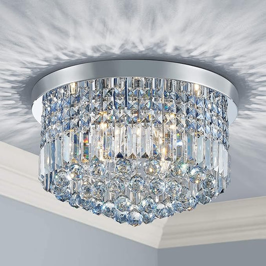 Saint Mossi 9 Light Modern K9 Crystal Chandelier Lighting, Flush Mount, Perfect for Dining Room, Bathroom, Bedroom, E12 Bulb Base; Height 11" x Diameter 20"; Lake Blue Crystal & Chrome Finish