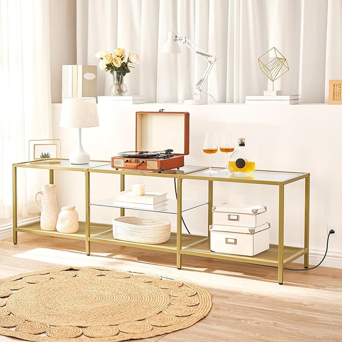 HOOBRO TV Stand with LED Lights and Power Outlets for TVs up to 75", Modern 70.9 Inch Tempered Glass TV Console Table with Open Shelves, Media Entertainment Center for Living Room, Gold GD185UDS01