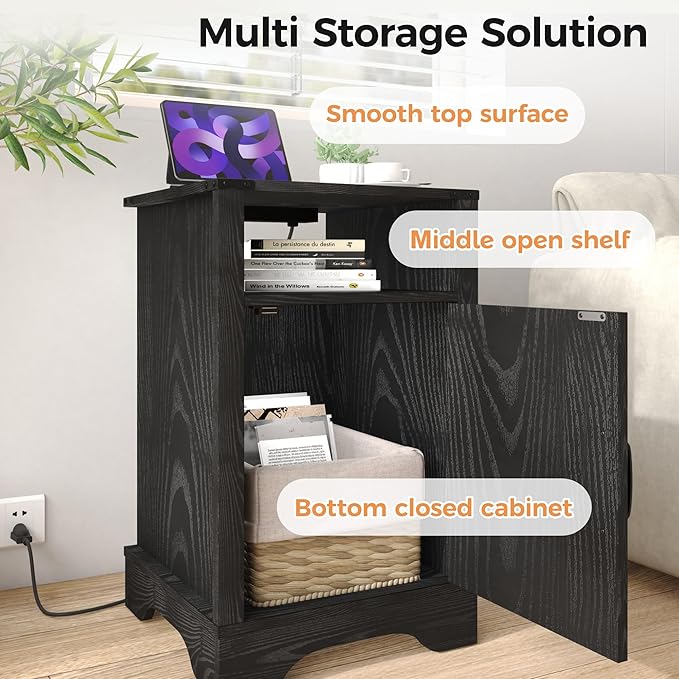 RoyalCraft Nightstand Set of 2, Black End Table with Charging Station, Wooden End Table, Rustic Night Stand with Storage Cabinet and Shelf, Tall Bedside Table for Bedroom, Home Office, Black