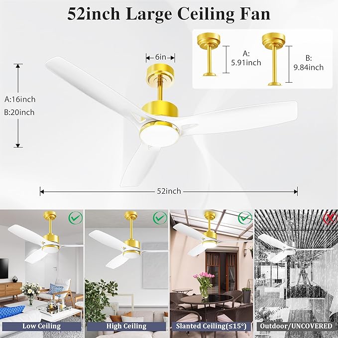 52 Inch Ceiling Fans with Lights and Remote Control - Outdoor Indoor Flush Mount Low Profile White Gold Ceiling Fans for Living Room,Bedroom,Patio