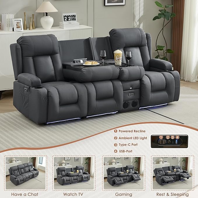 TUNYI Wall Hugger Loveseat Recliner Sofa with Console, Power Reclining Loveseat RV Couch with Massage & Heat/USB/Outlet/Storage/LED Light/Speaker (Blue, 4 Seat)
