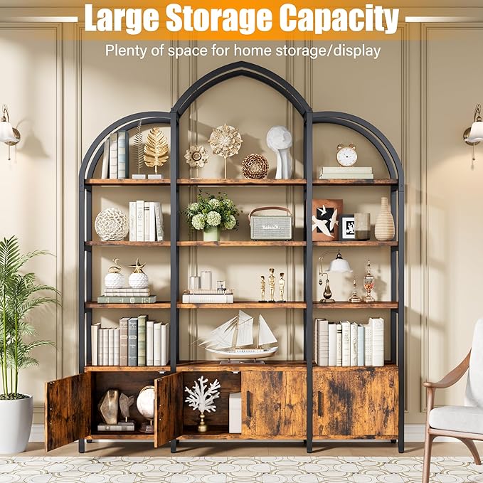 86" Triple Wide Bookshelf and Bookcase with 3 Cabinets, Tall Arched 5 Tier Industrial Etagere Open Bookshelves, Wood Book Shelf for Bedroom Living Room (Vintage Brown)