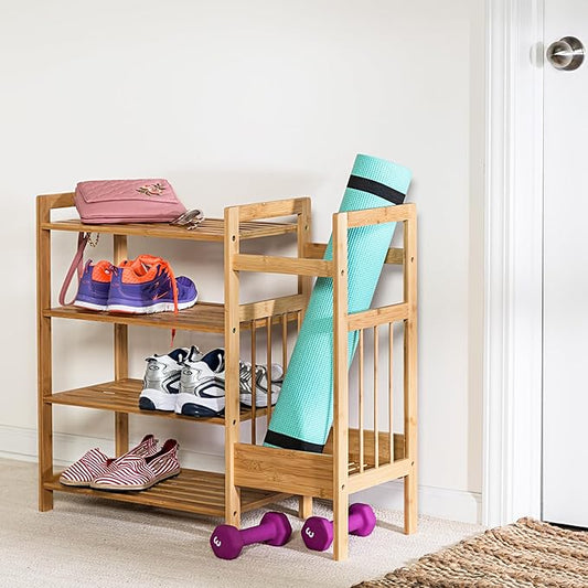 Honey-Can-Do Bamboo Entryway Organizer with 5 Coat Hooks and 3-Tier Shoe Rack – Multi-Purpose Hall Tree for Entryway & Mudroom – Natural Bamboo Storage Shelf for Bags, Hats, and Umbrellas