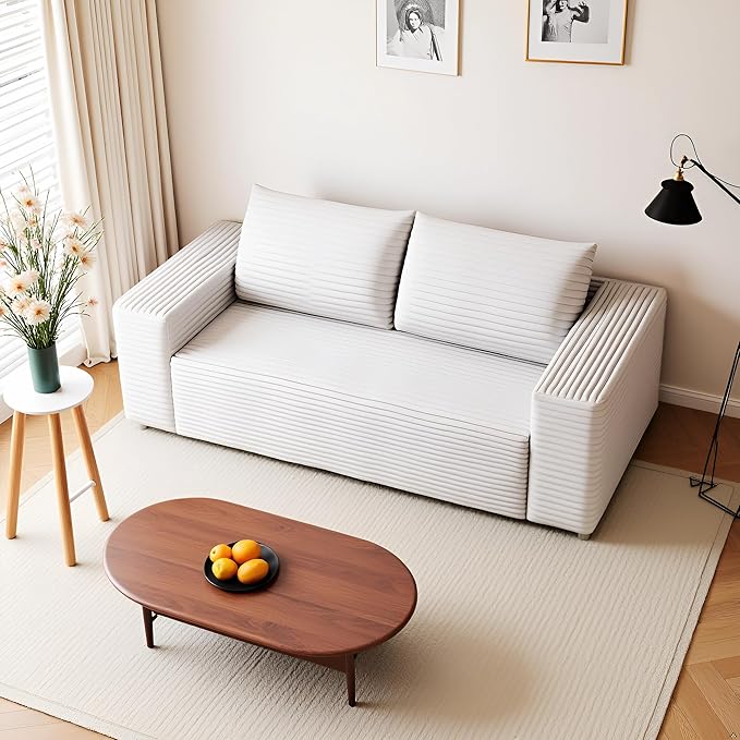 JINGLING 63" Small Couches for Small Spaces, Comfy Boneless Couch in a Box, Love Seat Compressed Sofa for Living Room Bedroom, Apartment Furniture, No Assembly, Corduroy, White