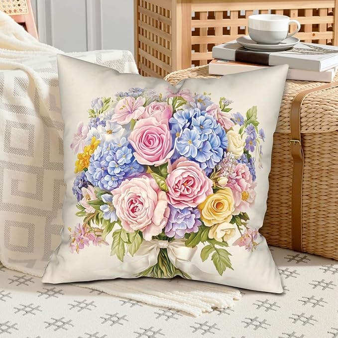 Spring Summer Floral Pillow Covers 24x24 Pink Rose Blue Hydrangea Throw Pillow Covers Exquisite Bouquet Pillow Case Flowers Cushion Case for Living Room Couch Sofa 2 Pack