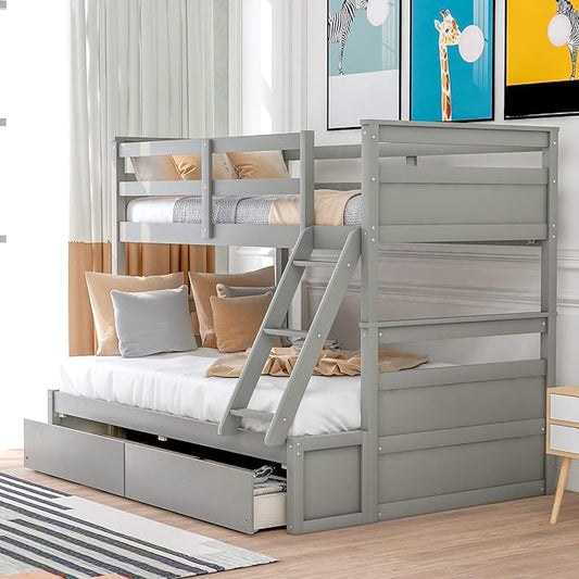 Twin Over Full Bunk Beds with 2 Under Bed Storage Drawers, Stronger & More Stable Bunkbed, Gray