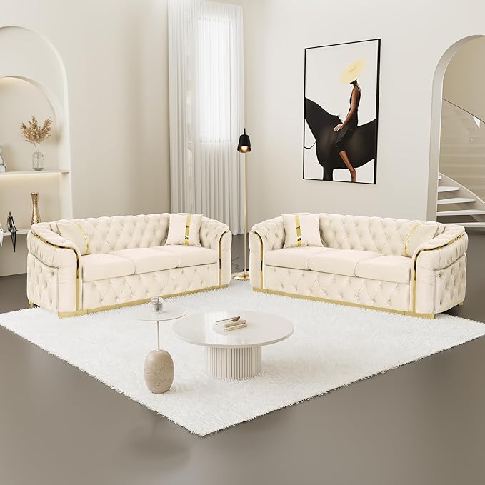 KEIKI 2-Piece Luxury Chesterfield Sofa Set with 2 Oversized Velvet 3-Seater Sofa, Upholstered Modern 6-Seater Button Tufted Couch Set with 4 Pillow, Gold Stainless Decoration, for Living Room, Beige