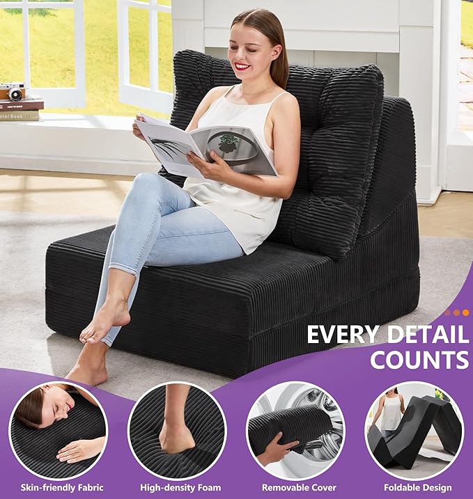 Hobestluk Sofa Couch Folding Sofa Bed Comfy Floor Lounger Convertible Sofa with Removable Cushion Couches for Small Spaces Foldable Mattress for Living Room Bedroom or Office (Cordury Black, Large)
