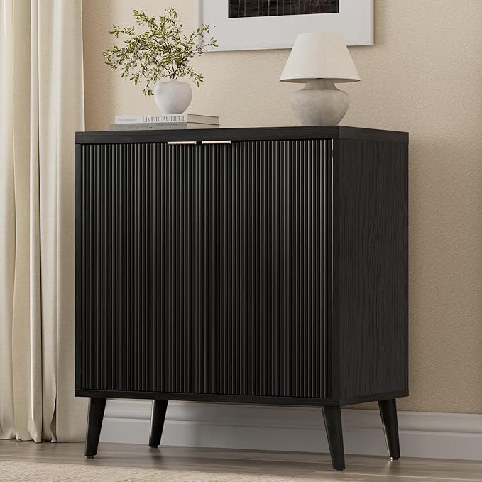 Buffet Cabinet with Storage, Modern Fluted Accent Sideboard with Doors & Adjustable Shelves, Buffet Table Entryway Cabinets for Living Room, Kitchen, Dining Room, Hallway, Black