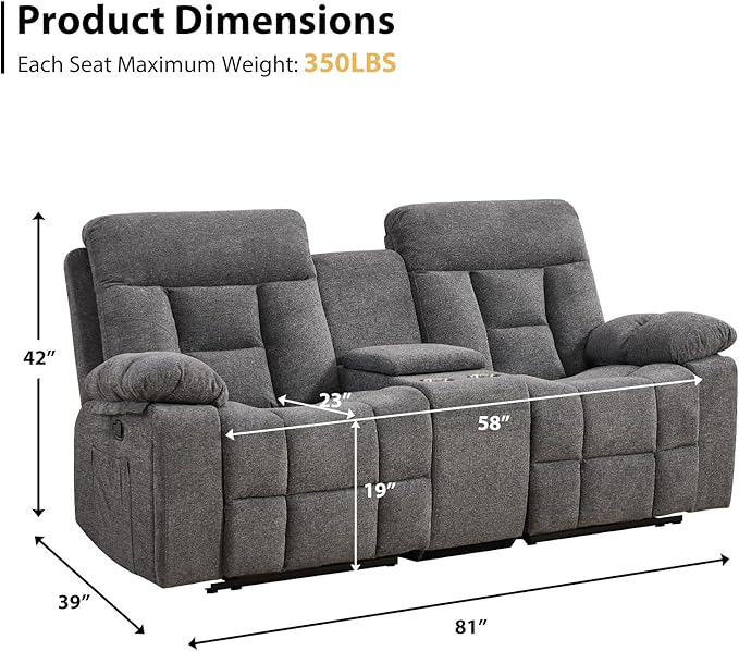 EBELLO Loveseat Recliner Sofa for Living Room, Extra Wide Modern Overstuffed 2 Seat Reclining Manual Sofa Chair, with Hidden Armrest Cup Holders, Breathable Fabric, Light Grey