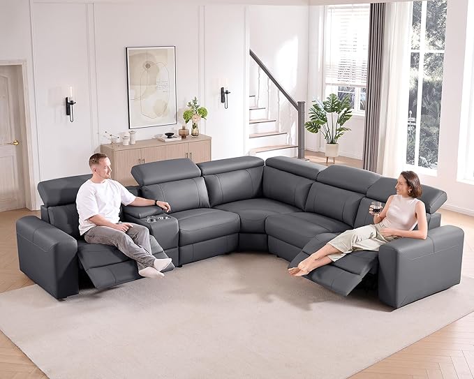 AMERLIFE Power Recliner Sectional Sofa with Storage/USB Port, Leather Recliner Sofa with Adjustable Headrest, Reclining Sectional Couches with Console and Cup Holder for Living Room (Gray, 5-Seater)