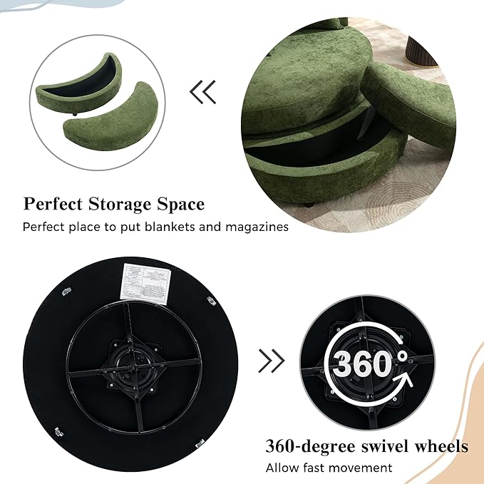 ERYE Oversized Round Accent Barrel Chair with Storage Ottoman and 360 Swivel Base, Modern Chenille Upholstered Leisure Recliner Armchair for Living Room Bedroom
