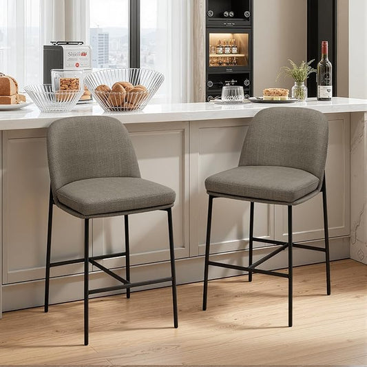 Bar Stools Set of 2, Modern Upholstered Counter Height Bar Chairs with Cushioned Seat and Curved Back, Fabric Kitchen Island Stools with Sturdy Metal Legs for Dining Room Island Bar, Brown
