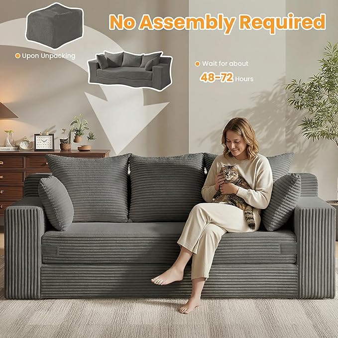 Oversized Boneless Loveseat, 3 Seater Pull Out Convertible Sofa Bed, 70" Gray Boneless Couch Fold Out Floor Couch Sleeper Sofa with 5 Pillows for Living Room Bedroom Lounge Small Space