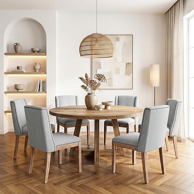 Dining Chair Set of 6, Upholstered Fabric Kitchen Side Chairs with Solid Wood Legs, Comfortable Seating for Kitchen, Dining Room & Restaurant, Grey