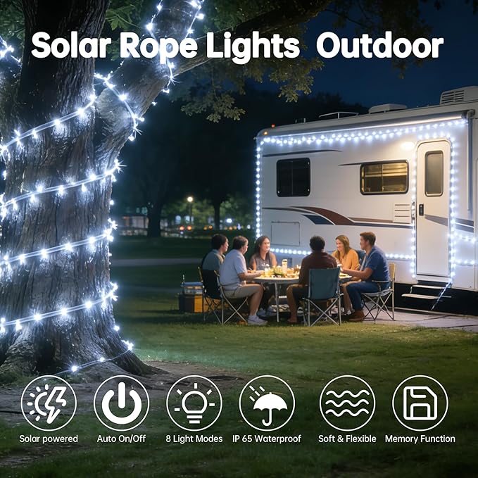 Solar Roep Lights for Outside, 2 Packs Total 66ft 200 LED Solar String Lights with 8 Modes, Waterproof Solar Outdoor Light for Patio Garden Party Tree Proch Pool Holiday Xmas Decor-White