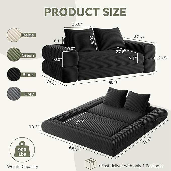 Jocoevol 4-in-1 Convertible Folding Sofa Bed, 68"L x 78"W Queen Size Foldable Sleeper Sofa Bed, Wide Corduroy Upholstery, Boneless Mattress Couch with Armrests & Neck Pillow for Living/Bedroom, Black