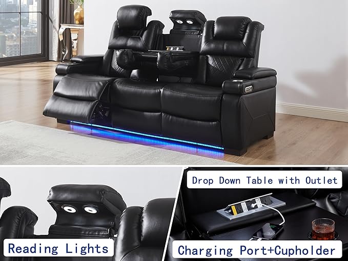 THSUPER Power Breathable Leather Reclining Sofa Set with 7-Color LED Light, Living Room Recliner Couch with Adjustable Headrest/Reading Light/USB Port/Wireless Charing/Bluetooth Speaker, Black