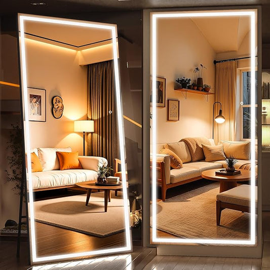 95" x 40" Full Length Mirror with Lights, Large LED Lighted Floor Standing Body Mirror, Dimmable & 3 Color Lighting for Home Gym, Cloakroom, Living Room, Tempered Glass, Black Frame