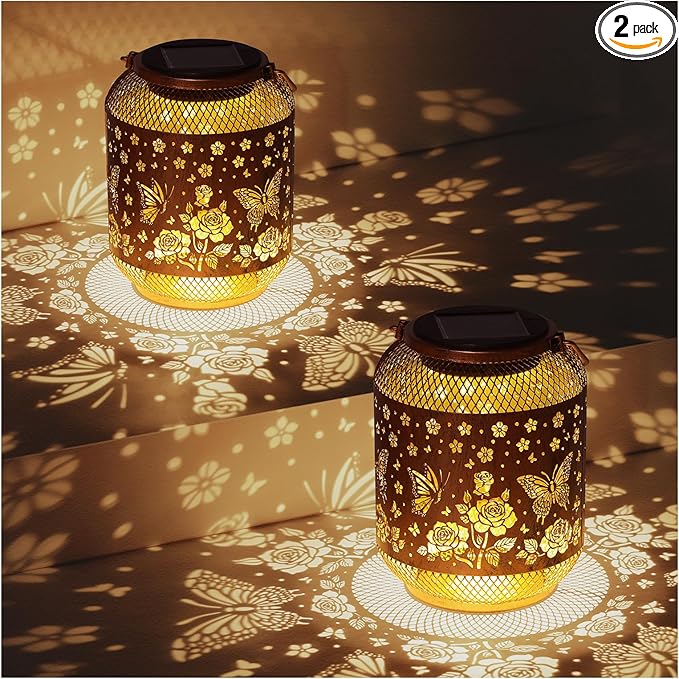 2 Pack Butterfly Solar Lanterns Outdoor Waterproof Rose Garden Decor Gifts for Mom Women Grandma Metal Hanging Solar Lights Outdoor Decoration for Patio,Yard,Porch,Backyard