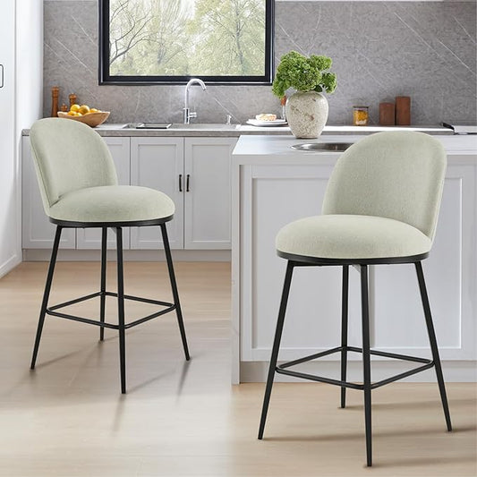 Swivel Bar Stools Set of 2, 26" H Upholstered Linen Fabric Barstools with Backs,Counter Height Stools with Metal Legs for Kitchen Island,Grey,1 Box