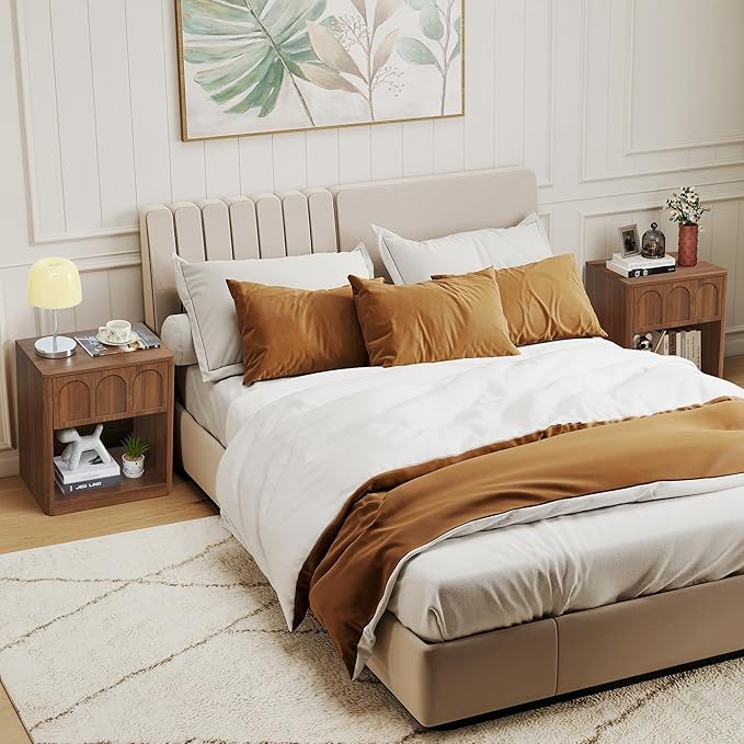 Small Nightstand Set of 2 with Storage, Accent Bedside Nightstand with Drawer, Mid Century Modern Bedroom Bed Side Table for Small Spaces, Dorm, Living Room, Couch Sofa Chair - Walnut