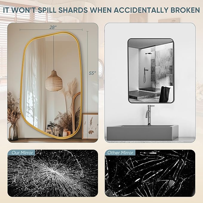 Irregular Wall Mirror 55"x28" Bathroom Mirrors Asymmetrical Artistic Decorative for Living Room Bedroom Bathroom Hallway Entryway,Trapezoid,Gold