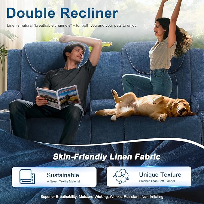 Dresegmt Loveseat Recliner Sofa, Manual Reclining Loveseat Sofa with Storage Console, Cup Holders, USB Ports, Modern Luxury Large Navy Blue Linen Recliner Couch for Living Room/RV