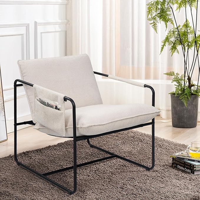 Accent Chair with Metal Frame, Upholstered Living Room Chairs with Cushions, Comfy Reading Armchair for Bedroom Beige